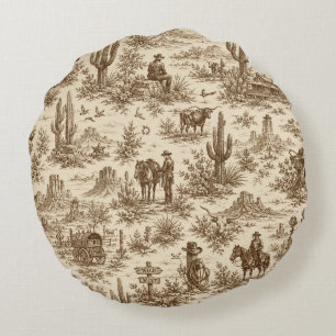 Vintage Western Desert Toile Seamless Pattern Round Cushion