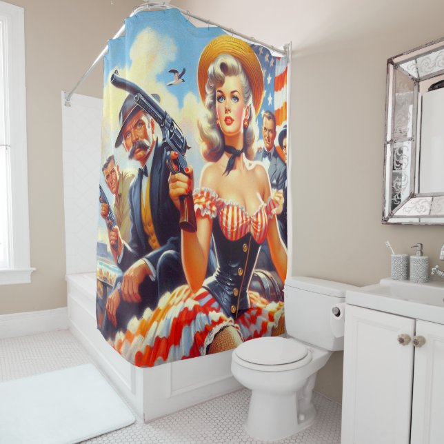 Vintage Western Pulp Girl Shower Curtain (In Situ)
