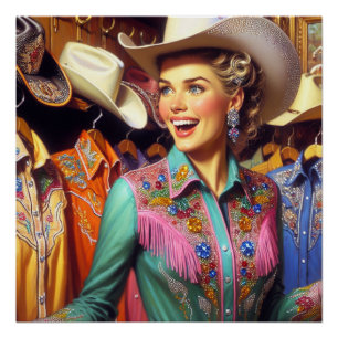 Vintage Western Retro Cowgirl Shirt Shopping  Poster