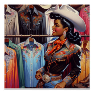 Vintage Western Retro Cowgirl Shirt Shopping  Poster