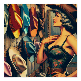Vintage Western Retro Cowgirl Shopping For Hats  Poster