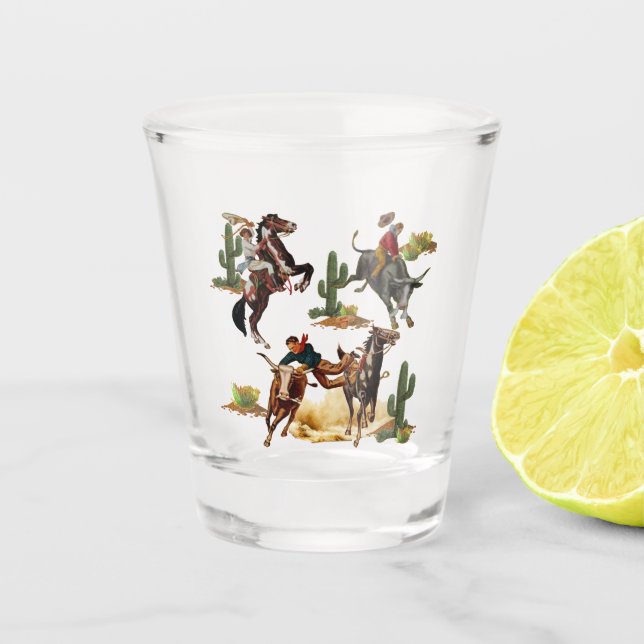 Vintage Western Rodeo Events Cowboy Cowgirl   Shot Glass (Front)