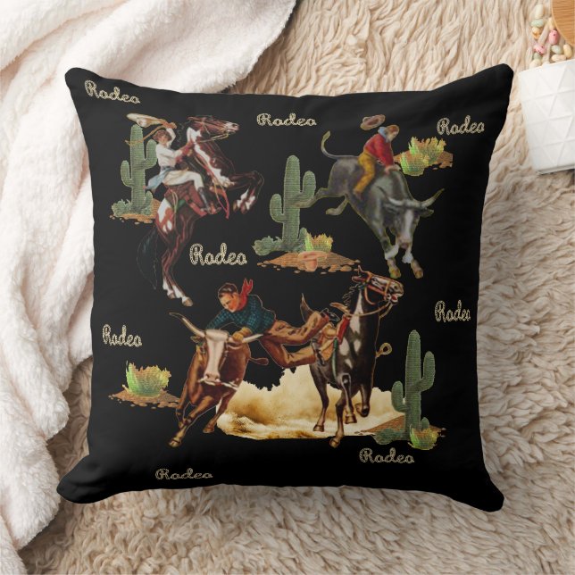 Vintage Western Rodeo Events Cowboys Cowgirls     Cushion (Blanket)
