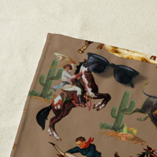 Vintage Western Rodeo Events Cowgirl Cowboy  Beach Towel