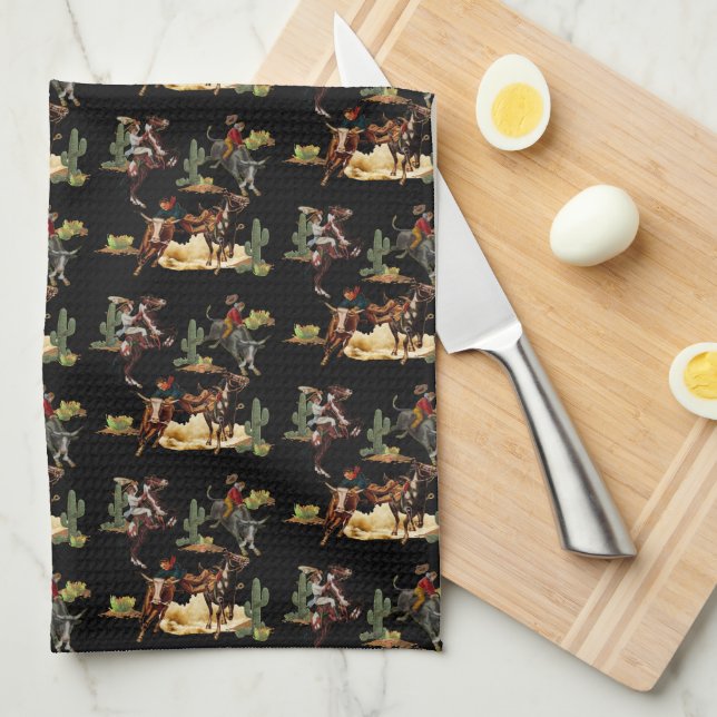 Vintage Western Rodeo Events Cowgirl Cowboy  Tea Towel (Quarter Fold)