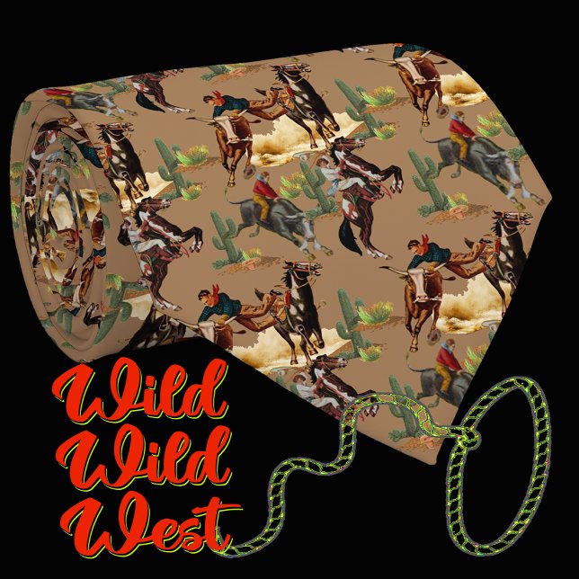 Vintage Western Rodeo Events Cowgirl Cowboy     Tie (Western necktie with vintage western rodeo events bull riding, steer wrestling , cowgirl on horse)