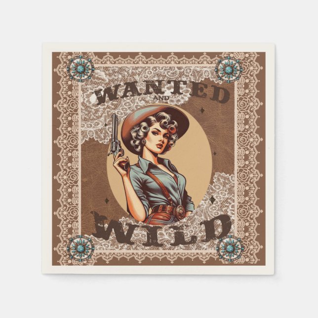 Vintage Western Wanted and Wild Cowgirl Cocktail Napkin (Front)
