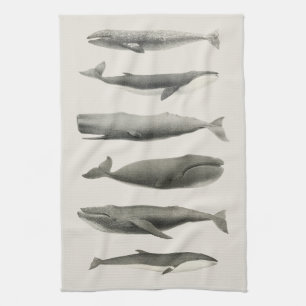 Vintage Whale Art Collage Tea Towel