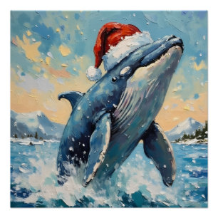 Vintage Whale with Santa Hat Christmas Scene Poster