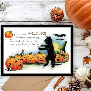 Vintage Whimsical Black Cat & Mice Halloween Card