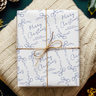Vintage Whimsical Bows Family Name Blue Festive Wrapping Paper