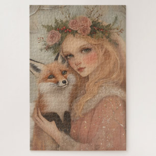 Vintage Whimsical Christmas Scene Girl & Fox Jigsaw Puzzle
