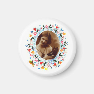 Vintage Whimsical Floral Frame Cat Photo Magnet