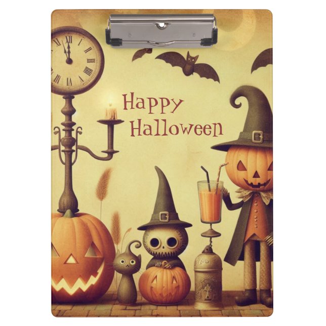 Vintage, whimsical Halloween pumpkins & bats Clipboard (Front)