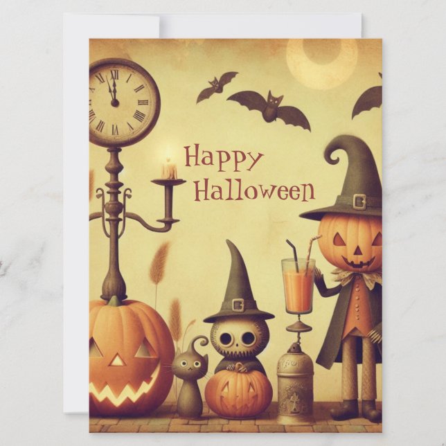 Vintage, whimsical Halloween pumpkins & bats Holiday Card (Front)