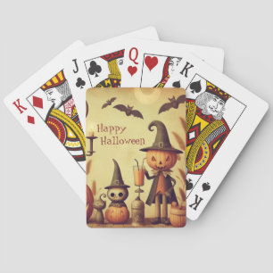 Vintage, whimsical Halloween pumpkins & bats Playing Cards