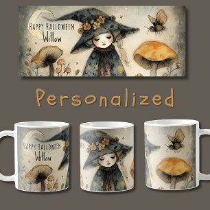 Vintage Whimsical Halloween Witch, Personalised Coffee Mug