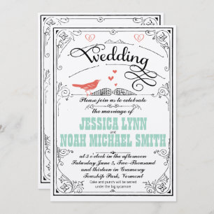 Vintage Whimsical Hearts Mint and Coral Invitation