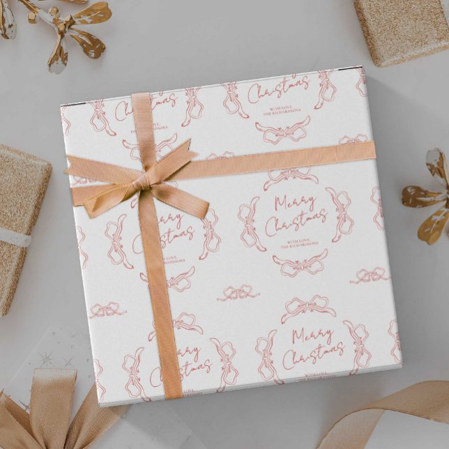 Vintage Whimsical Red Bows Custom Name Christmas Wrapping Paper (Christmas gift wrapping paper)