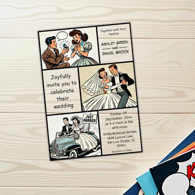 Vintage Whimsical Romantic Couple Comic Wedding Acrylic Invitations (Creator Uploaded)
