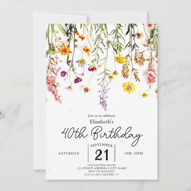 Vintage Whimsical Wildflowers 40th birthday  Invitation (Front)