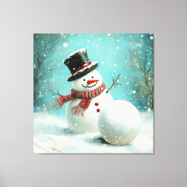 Vintage Whimsical Winter Snowman Joy Canvas Print (Front)