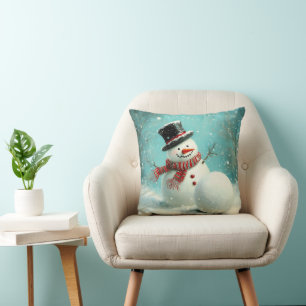 Vintage Whimsical Winter Snowman Joy Cushion