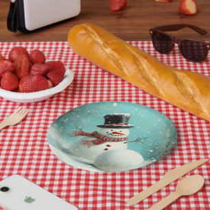 Vintage Whimsical Winter Snowman Joy Paper Plate