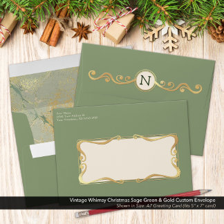 Vintage Whimsy Christmas Sage Green & Gold Custom Envelope
