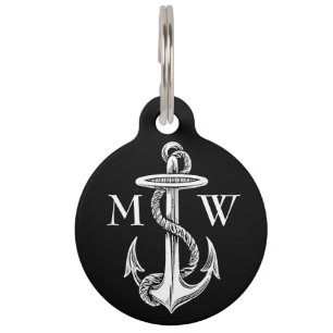 Vintage White Anchor Rope Black with Contact Info Pet Tag