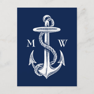Vintage White Anchor Rope Navy Blue Background Postcard