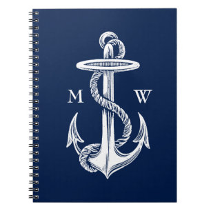 Vintage White Anchor Rope Navy Blue Background Spiral Notebook