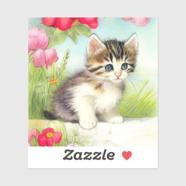 Vintage White and Brown Kitten with Flowers (Sheet)