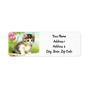 Vintage White and Brown Kitten with Flowers