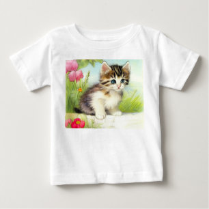 Vintage White and Brown Kitten with Flowers Baby T-Shirt