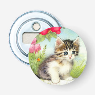 Vintage White and Brown Kitten with Flowers Bottle Opener