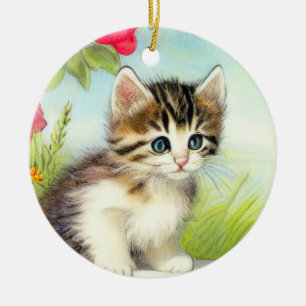 Vintage White and Brown Kitten with Flowers Ceramic Tree Decoration