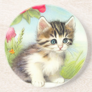 Vintage White and Brown Kitten with Flowers Coaster