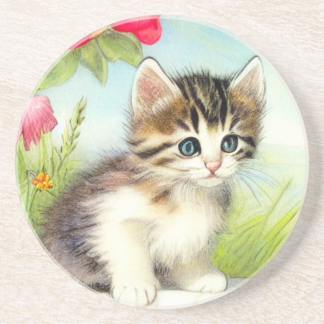 Vintage White and Brown Kitten with Flowers Coaster (Front)