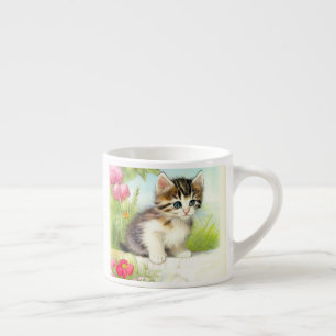 Vintage White and Brown Kitten with Flowers Espresso Cup
