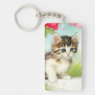 Vintage White and Brown Kitten with Flowers Key Ring