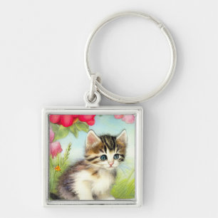 Vintage White and Brown Kitten with Flowers Key Ring