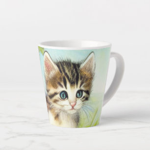 Vintage White and Brown Kitten with Flowers Latte Mug