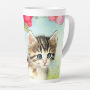 Vintage White and Brown Kitten with Flowers Latte Mug