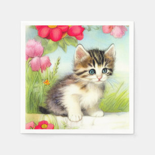 Vintage White and Brown Kitten with Flowers Napkin