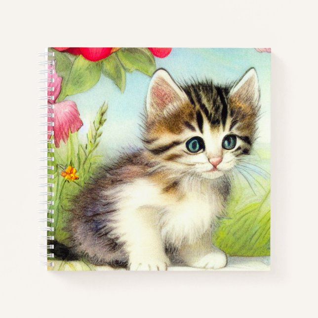 Vintage White and Brown Kitten with Flowers Notebook (Front)
