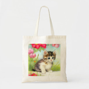 Vintage White and Brown Kitten with Flowers Tote Bag