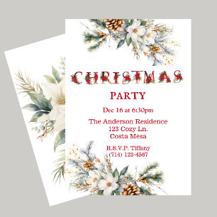 Vintage White and Red Greenery Christmas Party Invitation