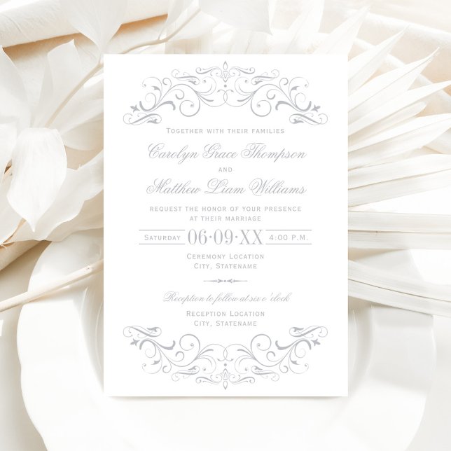 Vintage White and Silver Grey Flourish Wedding Invitation (Creator Uploaded)