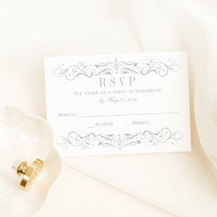 Vintage White and Silver Grey Flourish Wedding RSVP Card